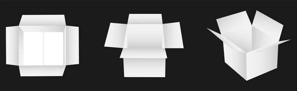 Three open white paper boxes vector illustration isolated on black background Stock Illustration