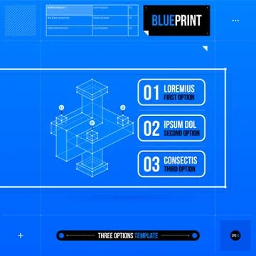Three options template with abstract 3d element in blueprint style. EPS10 Stock Illustration