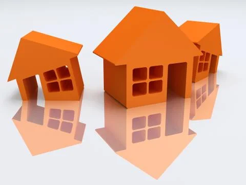 Three orange houses with reflection. 3d render. Stock Illustration