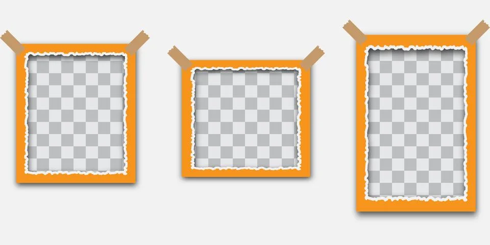 Three orange photo frames with torn edges and adhesive tape Stock Illustration
