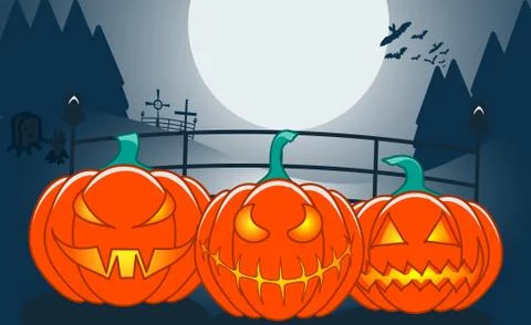 Three orange pumpkins with scary faces, fir forest background, big moon, scar Stock Illustration