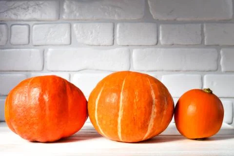 Three orange pumpkins on a white table against a white brick wall background Stock Photos