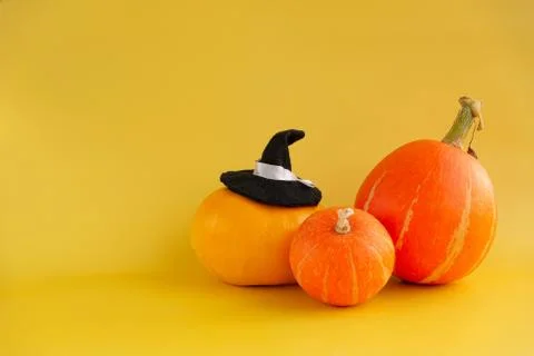 Three orange pumpkins in a witch hat on yellow backgrounds. Stock Photos