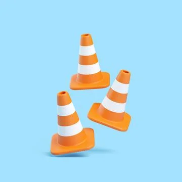 Three orange traffic cones with white stripes, 3D render on blue background Illustrazione stock