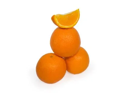 Three oranges and slice isolated Stock Photos