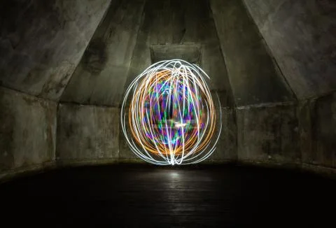 Three orbits one inside the other in an empty room with a closed window. Stock-Fotos