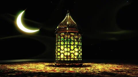 Three ornate islamic lanterns glow on a patterned carpet under a crescent moon Stock Footage 344516256