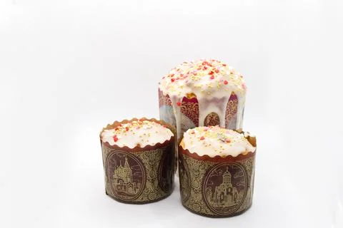 Three Orthodox Easter cakes on a white background Stock Photos