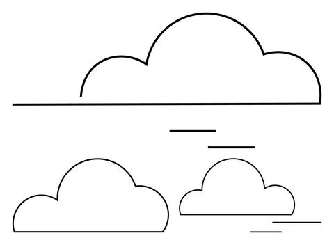 Three outlined cloud shapes of varying sizes with minimalistic wind lines ind Stock Illustration