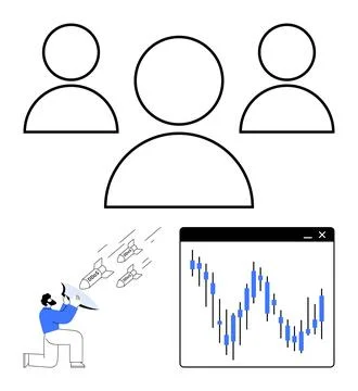Three outlined figures with a financial chart and person launching rockets. I Stock Illustration