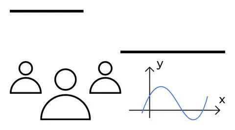 Three outlined figures represent teamwork. A line graph on axes symbolizes da イラスト素材