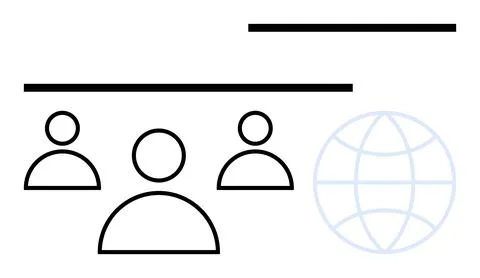 Three outlined human figures under horizontal lines beside a globe icon, repr 스톡 일러스트