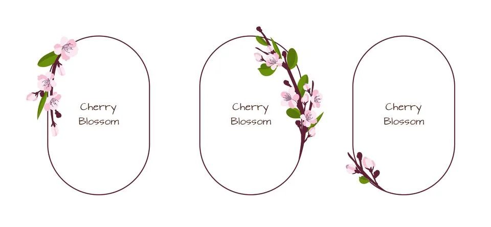 Three oval frames with decorative cherry blossoms or cherry blossoms. Japanes Stock Illustration