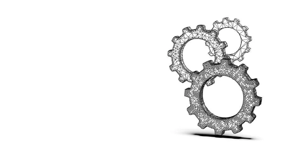 Three overlapping black low-poly wireframe gears or cogwheels floating on w.. Stock Illustration