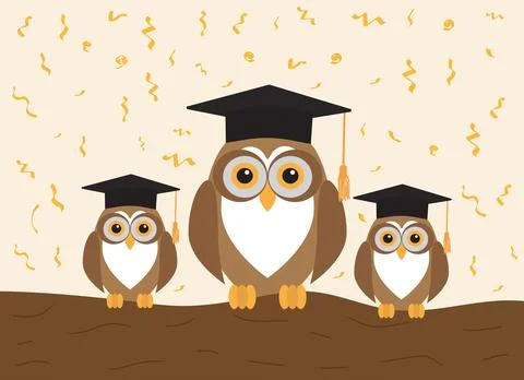 Three owls in graduation cap on  background of confetti. Vector illustration. Stock Illustration