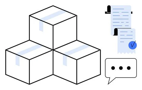Three packed boxes taped securely in 3D layout. Receipt or invoice with a blu Stock Illustration