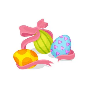 Three painted Easter eggs and pink bow. Spring holiday composition. Flat vector Stock Illustration