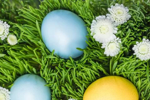 Three painted easter eggs lawn Stock Photos