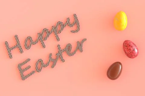 Three painted Easter eggs on a pink background with an inscription. イラスト素材