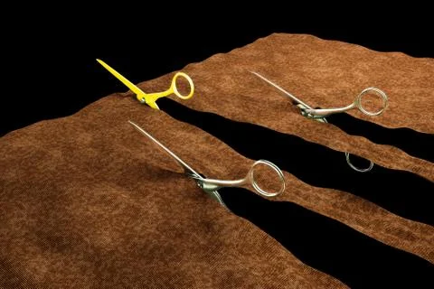Three pair of scissors cut a fabric among a golden scissors Stock Illustration
