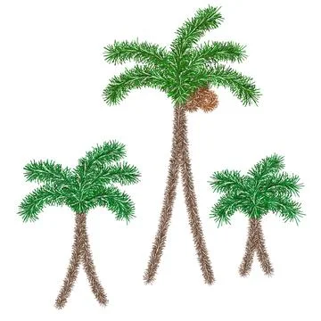 Three palm trees with coconuts made of tinsel. Set of illustrations. Illustrazione stock
