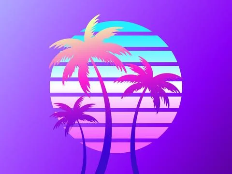 Three palm trees on a sunset 80s retro sci-fi style. Summer time. Futuristi.. Stock Illustration