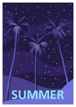 Three palm trees on a tropical beach. Travel poster. Illustrazione stock