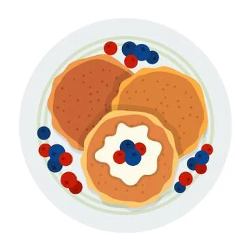 Three pancakes with berries on a plate vector icon flat isolated Stock Illustration