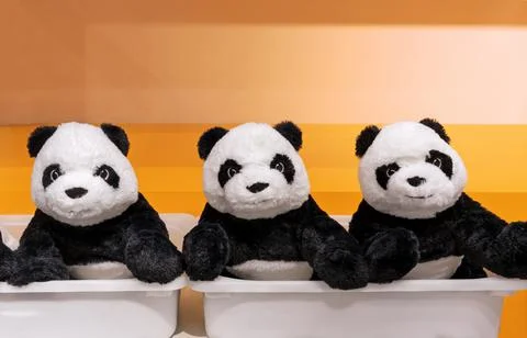 Three panda teddy bears on an orange background. Foto stock
