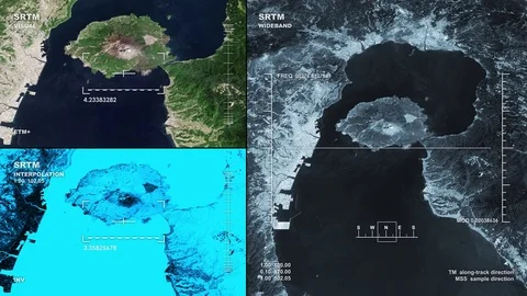 Three-panel display: aerial surveillance flyover of Mount Sakurajima &amp; Kagoshima Stock Footage 72925949