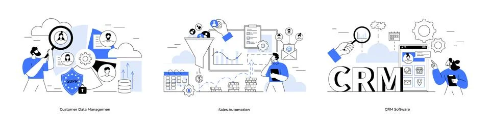 Three Panels Representing Customer Data Management, Sales Automation, and C.. イラスト素材