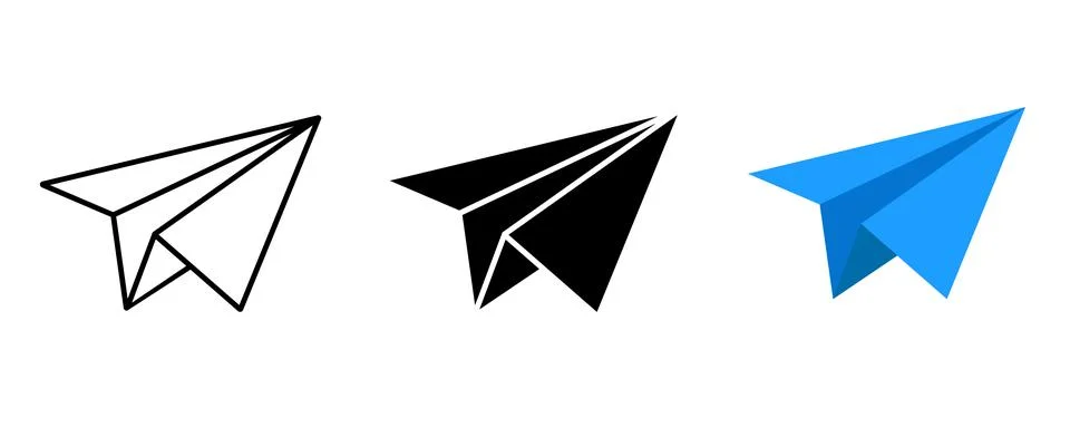 Three paper airplane outline solid blue geometric shapes origami flight trave Stock Illustration