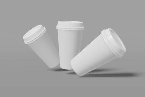 Three paper cup mockup with a lid flies on a grey background. 3D rendering Stock Illustration