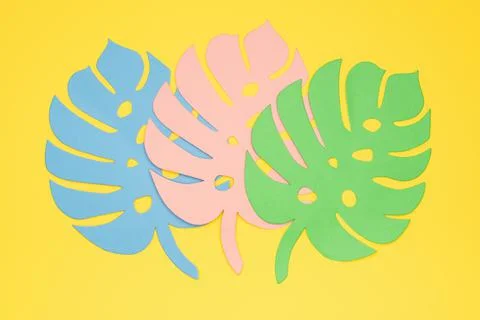 Three paper-cut multi-colored monstera leaves on a yellow background. Stock Photos