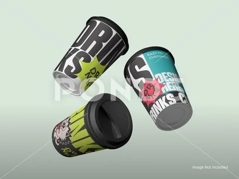 Three Paper Drink Cup Mockup Floating in The Air 3D Rendering PSD Template
