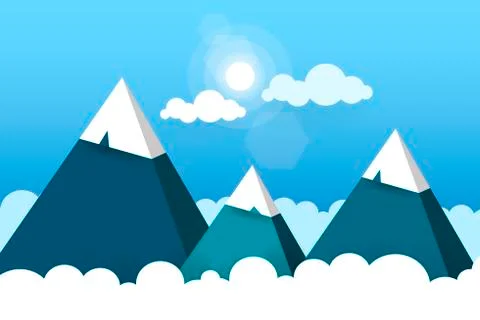 Three Paper Mountains In White Clouds Sunny Day Vector 스톡 일러스트
