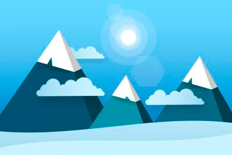Three Paper Mountains In White Clouds Sunny Day Vector 스톡 일러스트