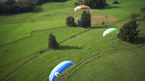 Three paragliders paragliding over the green fields Stock Footage 76004953
