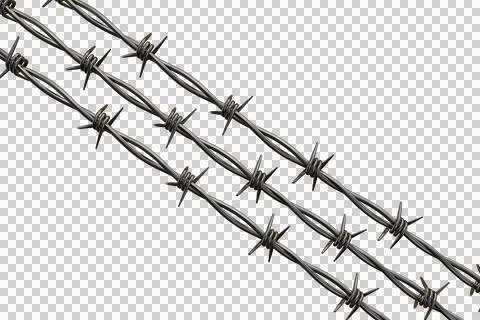 Three parallel strands of sharp metal barbed wire on dark background Stock Illustration