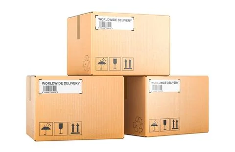 Three Parcels, cardboard boxes. 3D rendering Stock Illustration