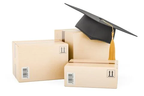 Three parcels with graduation hat. 3D rendering Stock Illustration