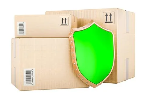 Three parcels with shield. 3D rendering Illustrazione stock