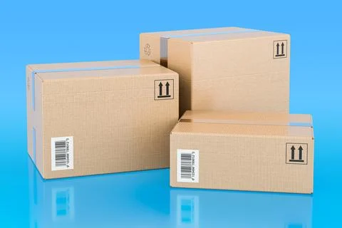 Three parcels. Shipping and logistics concept on blue background, 3D renderin Stock Illustration