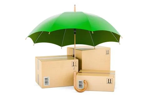 Three parcels under umbrella. 3D rendering Stock Illustration