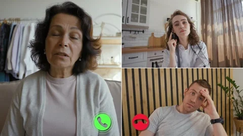 Three participants engage in a virtual conversation on a split screen Stock Footage 305542147