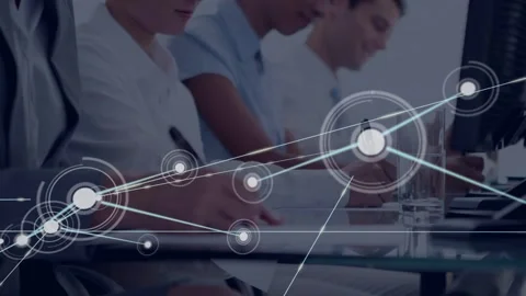 Three participants writing during training, network graphic appearing and Stock Footage 332642380