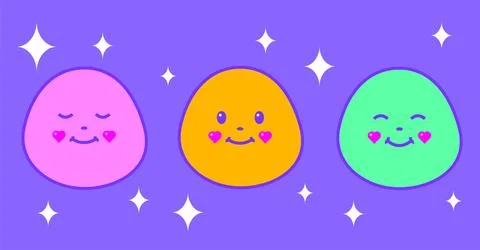Three pastel blobs are floating in vector art with heart blush, sparkles on Illustrazione stock