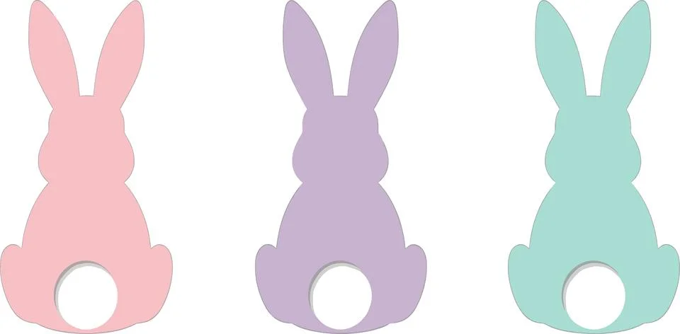 Three Pastel Easter Bunny Silhouettes Facing Away with White Tails on White.. 스톡 일러스트