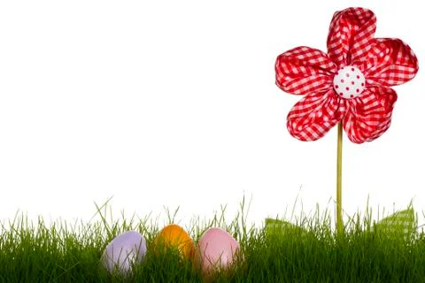 Three pastel easter eggs with drapery flower Stock Photos