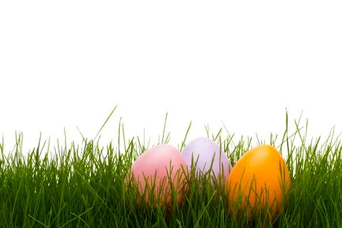 Three pastel easter eggs in grass Stock Photos